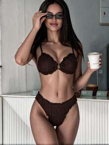 SHEIN Swim Solid Color Jacquard Fabric Cute Frill Trim Tie Strap Casual Beach Bikini Set For Women - Coffee Brown - View 3
