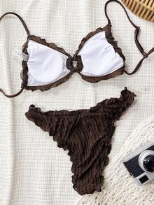 SHEIN Swim Solid Color Jacquard Fabric Cute Frill Trim Tie Strap Casual Beach Bikini Set For Women - Coffee Brown - View 6