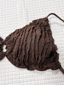 SHEIN Swim Solid Color Jacquard Fabric Cute Frill Trim Tie Strap Casual Beach Bikini Set For Women - Coffee Brown - View 5