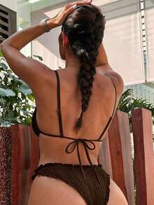 SHEIN Swim Solid Color Jacquard Fabric Cute Frill Trim Tie Strap Casual Beach Bikini Set For Women - Coffee Brown - View 2
