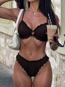 SHEIN Swim Solid Color Jacquard Fabric Cute Frill Trim Tie Strap Casual Beach Bikini Set For Women - Coffee Brown - View 1