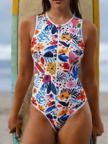 Swim SPRTY Women's White Floral Print One-Piece Swimsuit,Summer Casual Beach Vacation & Surfing Holiday,Colorful Pool Party Bathing Suit,Spring Break Outfits - Multicolor - View 6