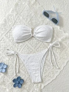 SHEIN Swim 純色比基尼套裝，適合海灘度假 - 白色 - 查看 2
