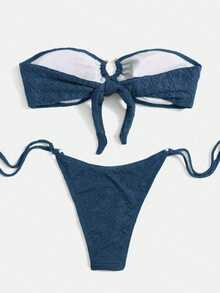 SHEIN Swim Women's Summer Beach Solid Color Strapless Bikini Top And Triangle Bottom Two-Piece Swimwear Set - Blue - View 2