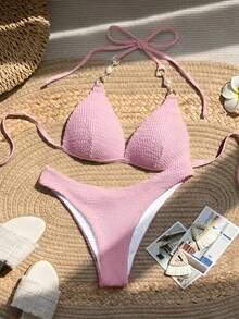 SHEIN Swim Women's Summer Beach Solid Color Halter Tie Sexy Bikini Swimwear Set - Pink - View 3