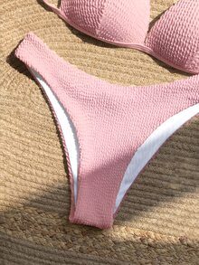 SHEIN Swim Women's Summer Beach Solid Color Halter Tie Sexy Bikini Swimwear Set - Pink - View 4
