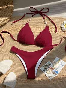 SHEIN Swim 纯色比基尼泳装 - 紅色 - 查看 4