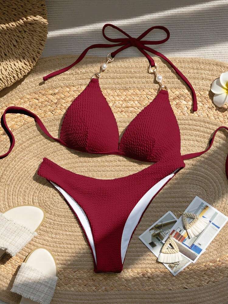 SHEIN Swim Solid Color Bikini Swimsuit For Summer Beach Vacation - Red - View 3
