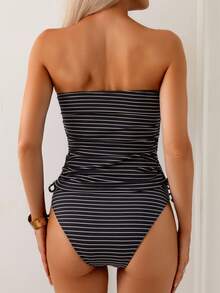 SHEIN Swim ملابس سباحة تانكيني مخططة للنساء لعطلة الشاطئ في الصيف - الأسود - مشاهدة 3
