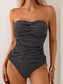 SHEIN Swim ملابس سباحة تانكيني مخططة للنساء لعطلة الشاطئ في الصيف - الأسود - مشاهدة 4