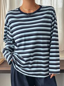 Dazy Plus Crew Neck Casual Loose Long Sleeve Plus Size Women Street Style Fashion Striped T-Shirt - Blue - View 7