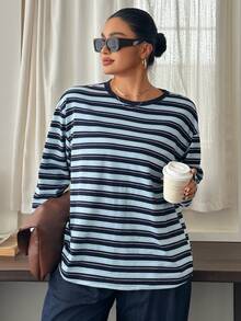 Dazy Plus Crew Neck Casual Loose Long Sleeve Plus Size Women Street Style Fashion Striped T-Shirt - Blue - View 4