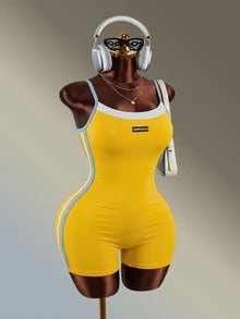 Amplova-E Women's Yellow Blue Colorblock Plus Size Sports Jumpsuit Fall Gym Alternative Baggy - Yellow - View 8