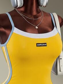 Amplova-E Women's Yellow Blue Colorblock Plus Size Sports Jumpsuit Fall Gym Alternative Baggy - Yellow - View 9