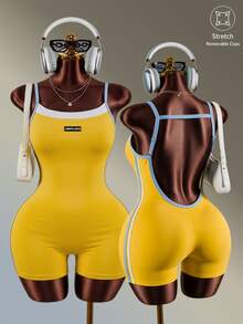 Amplova-E Women's Yellow Blue Colorblock Plus Size Sports Jumpsuit Fall Gym Alternative Baggy - Yellow - View 4