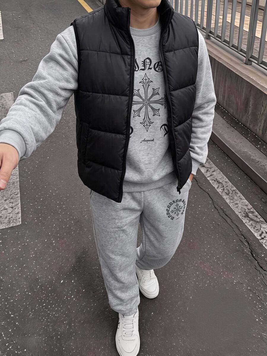 3件組買2送1兒童青少年男孩休閒卡其色運動衫與運動長褲，附絎縫加厚外套連帽大衣，適合秋冬、學校、冬季穿搭