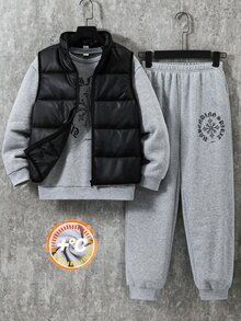 3件組買2送1兒童青少年男孩休閒卡其色運動衫與運動長褲，附絎縫加厚外套連帽大衣，適合秋冬、學校、冬季穿搭 - 彩色 - 查看 5