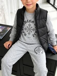 3件組買2送1兒童青少年男孩休閒卡其色運動衫與運動長褲，附絎縫加厚外套連帽大衣，適合秋冬、學校、冬季穿搭 - 彩色 - 查看 4