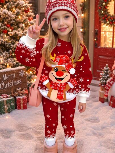 Merry Christmas, Young Girl Casual Cute Adorable Christmas Reindeer Pattern, Gradient Snowflake, Festive Christmas Red Crew Neck Fleece Lined Long Sleeve Sweatshirt & Leggings 2 Pieces Set Suitable For Autumn/Winter, Christmas Sets, Fall Style, Cute