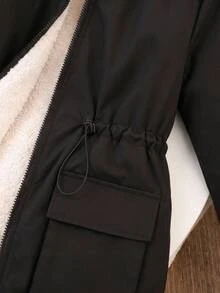 SHEIN KIDS Tween Girls Black Casual Fleece Lined Hooded Zip Up Drawstring Waist Flap Pocket Loose Knee Length Woven Jacket Coat Warm Winter Fall - Black - View 5
