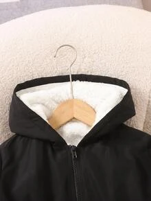 SHEIN KIDS Tween Girls Black Casual Fleece Lined Hooded Zip Up Drawstring Waist Flap Pocket Loose Knee Length Woven Jacket Coat Warm Winter Fall - Black - View 7