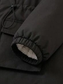 SHEIN KIDS Tween Girls Black Casual Fleece Lined Hooded Zip Up Drawstring Waist Flap Pocket Loose Knee Length Woven Jacket Coat Warm Winter Fall - Black - View 4