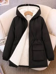 SHEIN KIDS Tween Girls Black Casual Fleece Lined Hooded Zip Up Drawstring Waist Flap Pocket Loose Knee Length Woven Jacket Coat Warm Winter Fall - Black - View 1