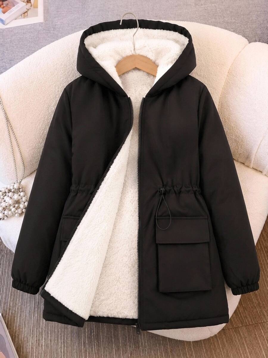 SHEIN KIDS Tween Girls Black Casual Fleece Lined Hooded Zip Up Drawstring Waist Flap Pocket Loose Knee Length Woven Jacket Coat Warm Winter Fall - Black - View 1