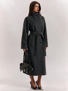 SHEIN BAE Elegant Fashion Button Pocket Long Sleeve Overcoat For Commute - Black - View 1
