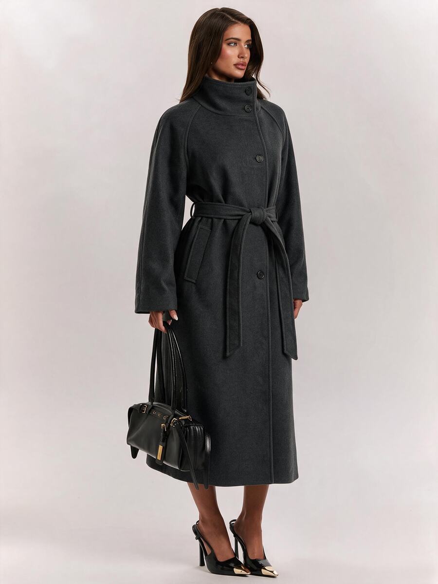 SHEIN BAE Elegant Fashion Button Pocket Long Sleeve Overcoat For Commute - Black - View 1