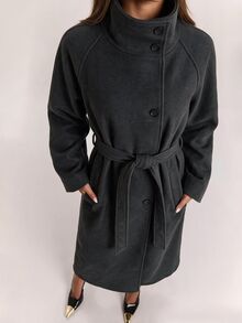 SHEIN BAE Elegant Fashion Button Pocket Long Sleeve Overcoat For Commute - Black - View 5