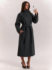 SHEIN BAE Elegant Fashion Button Pocket Long Sleeve Overcoat For Commute - Black - View 3