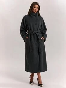 SHEIN BAE Elegant Fashion Button Pocket Long Sleeve Overcoat For Commute - Black - View 4