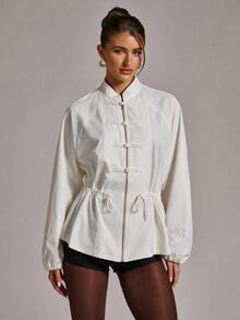 SHEIN BAE Women's Elegant Frog Button Cinched Waist Long Sleeve Jacket - Apricot - View 4