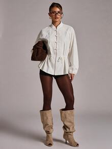 SHEIN BAE Women's Elegant Frog Button Cinched Waist Long Sleeve Jacket - Apricot - View 5