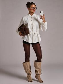 SHEIN BAE Women's Elegant Frog Button Cinched Waist Long Sleeve Jacket - Apricot - View 1