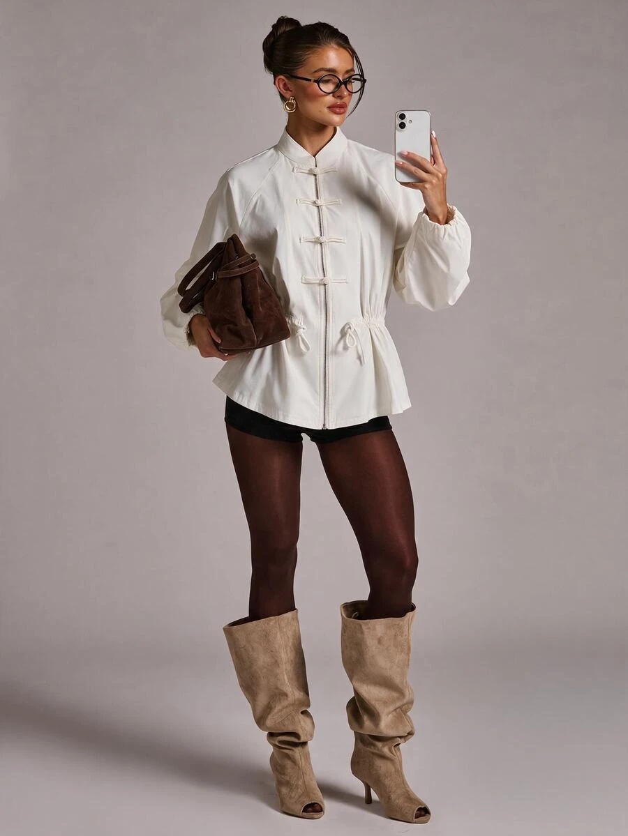 SHEIN BAE Women's Elegant Frog Button Cinched Waist Long Sleeve Jacket - Apricot - View 1