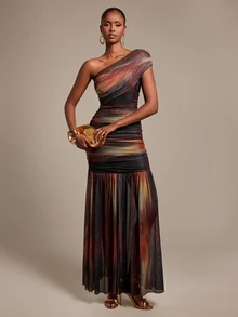 Silquee Elegant Women's Autumn/Winter One-Shoulder Ruched Tie-Dye Dress Party Wedding Birthday Graduation Club - Gold - View 5