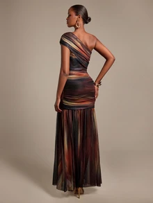 Silquee Elegant Women's Autumn/Winter One-Shoulder Ruched Tie-Dye Dress Party Wedding Birthday Graduation Club - Gold - View 2