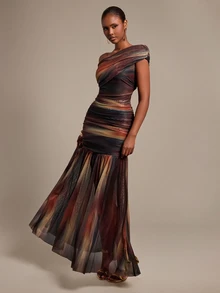 Silquee Elegant Women's Autumn/Winter One-Shoulder Ruched Tie-Dye Dress Party Wedding Birthday Graduation Club - Gold - View 7