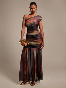 Silquee Elegant Women's Autumn/Winter One-Shoulder Ruched Tie-Dye Dress Party Wedding Birthday Graduation Club - Gold - View 4