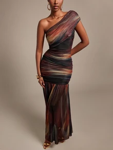 Silquee Elegant Women's Autumn/Winter One-Shoulder Ruched Tie-Dye Dress Party Wedding Birthday Graduation Club - Gold - View 6