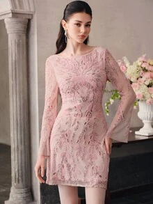 Anewsta Affair [Random Cut]Round Neck Long Sleeve Backless Tie Waist Sequin Elegant Dress - Pink - View 6