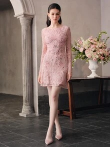 Anewsta Affair [Random Cut]Round Neck Long Sleeve Backless Tie Waist Sequin Elegant Dress - Pink - View 5