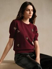 Anewsta 女款花瓣袖重工水鑽裝飾針織上衣 T-shirt 情人節度假新年穿搭 - 酒紅色 - 查看 3