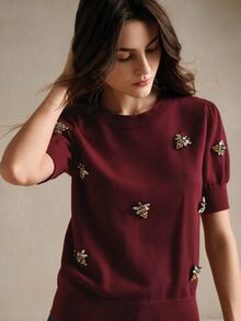 Anewsta 女款花瓣袖重工水鑽裝飾針織上衣 T-shirt 情人節度假新年穿搭 - 酒紅色 - 查看 4