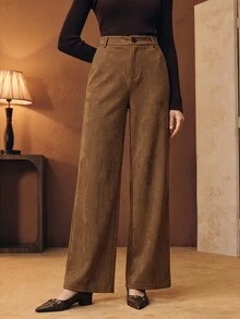 Anewsta American Retro High Waist Faux Suede Straight Leg Wide Leg Pants, Soft Velvet Drape Versatile Casual Long Pants For Autumn/Winter - Mocha Brown - View 4