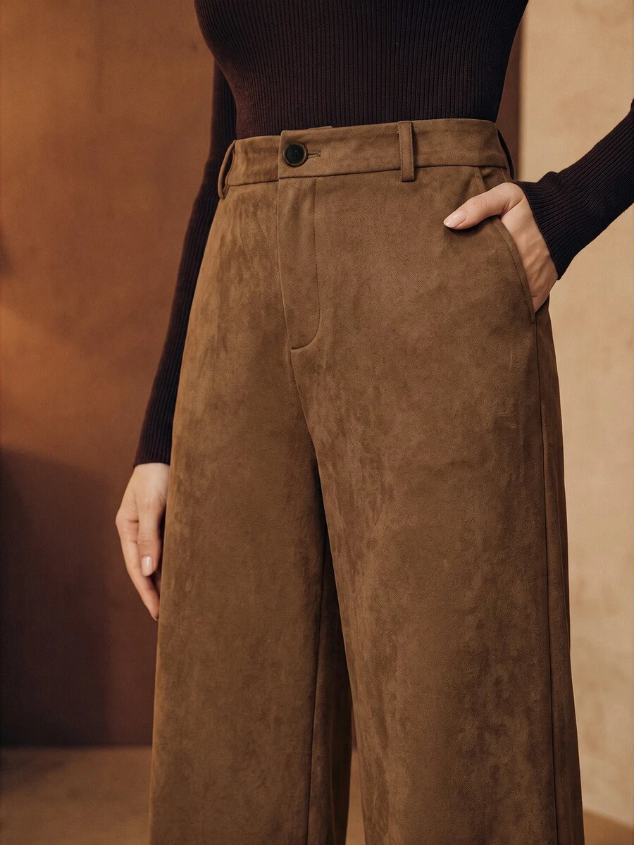 Anewsta American Retro High Waist Faux Suede Straight Leg Wide Leg Pants, Soft Velvet Drape Versatile Casual Long Pants For Autumn/Winter - Mocha Brown - View 1