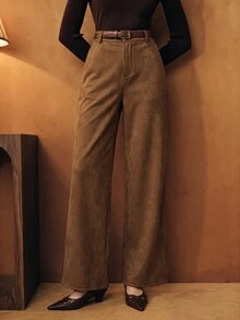 Anewsta American Retro High Waist Faux Suede Straight Leg Wide Leg Pants, Soft Velvet Drape Versatile Casual Long Pants For Autumn/Winter - Mocha Brown - View 6
