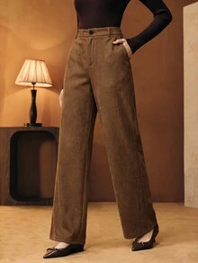 Anewsta American Retro High Waist Faux Suede Straight Leg Wide Leg Pants, Soft Velvet Drape Versatile Casual Long Pants For Autumn/Winter - Mocha Brown - View 5
